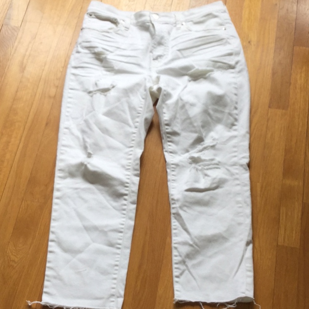 J. Crew high waist distresses raw hem jeans.